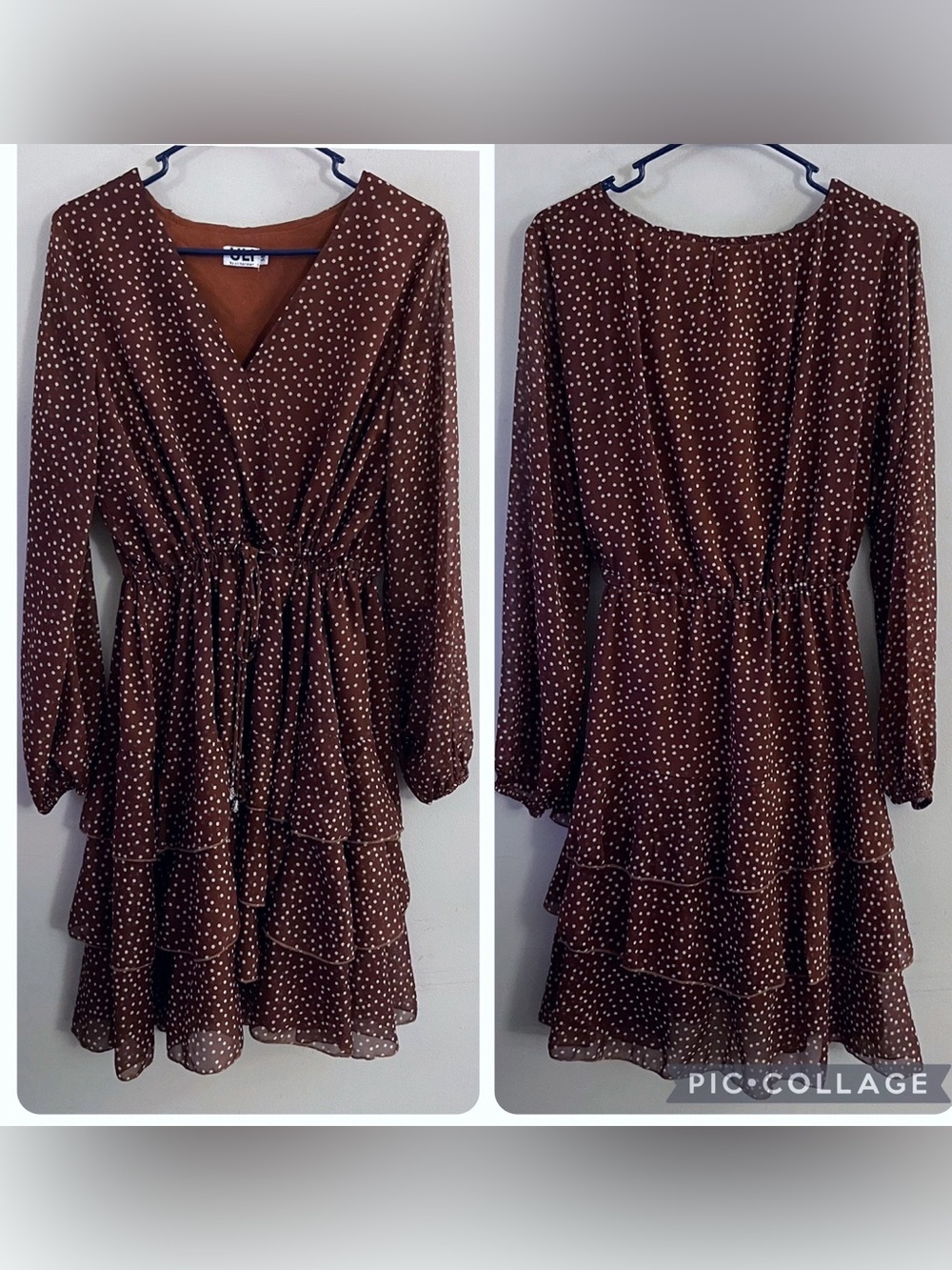 ULI Herzner Brown Polka Dot Tiered Long-Sleeve Dress Fairycore Boho Whimsical